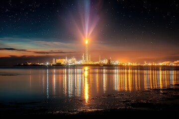 Nighttime Reflection of an Oil Refinery with Illuminated Flare Stacks Against a Starry Sky over Calm Water Surface in a Tranquil Industrial Landscape