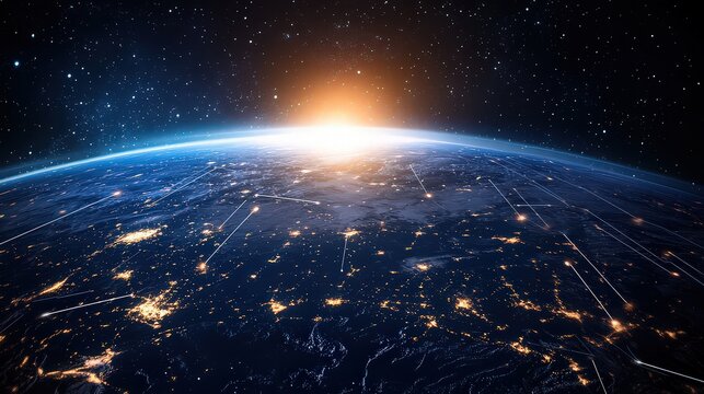 Earth from space with city lights and sunrise horizon and many white lines over the planet surface