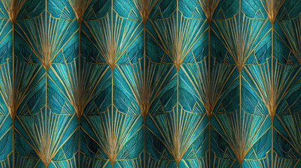 Modern Teal Fabric Curtains with Shimmering Gold and Bronze Geometric Pattern on Transparent Background