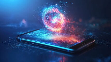 A smartphone displaying a holographic sphere with glowing particles in a dark blue environment