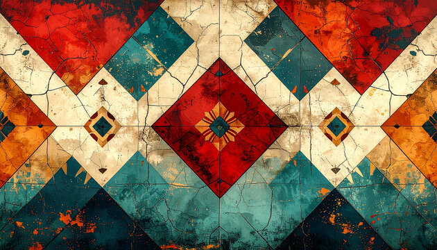 Abstract geometric pattern with diamond and triangle shapes in red, blue, and beige tones, featuring a textured, aged effect.