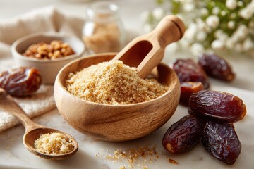 Organic Brown Sugar in Wooden Bowl Surrounded by Fresh Dates and Nuts on Marble Surface, Perfect for Culinary and Lifestyle Photography