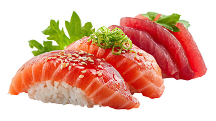 Side View of Salmon Nigiri with Tuna Sashimi Slices on Transparent Background