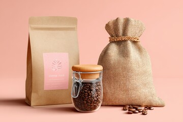 Organic Coffee Products Displayed with Coffee Beans in a Rustic Setting on a Soft Pink Background for a Natural and Modern Aesthetic