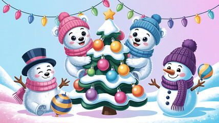 Cute illustration of a cartoon snowman with a hat and scarf next to a Christmas tree decoration in the winter snow. Snowman party. 
