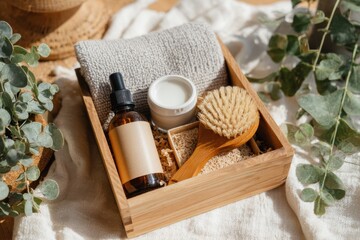 Organic Spa Essentials in a Wooden Box Featuring Natural Products for Self-Care and Relaxation, Including a Brush, Lotion, and Herb-Infused Sprays