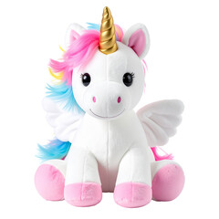 Enchanting Unicorn: A whimsical plush unicorn with a golden horn, rainbow mane, and delicate wings sits gracefully.  A symbol of magic and wonder.