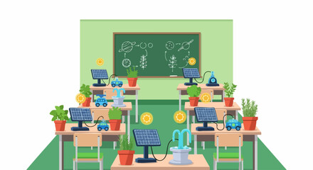 Classroom with Solar Panels and Plants - Sustainable Education Concept.