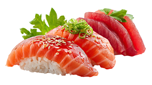 Side View of Salmon Nigiri with Tuna Sashimi Slices on Transparent Background