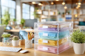 Organized Office Space with Clear Storage Bins, Colorful Paper, and Modern D&eacute;cor in Bright, Inspirational Workspace with Greenery for Productivity