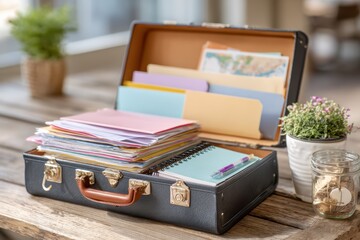 Organized Workspace with Vintage Suitcase Filled with Colorful Documents, Notebooks, and Office Supplies in a Bright, Inviting Environment