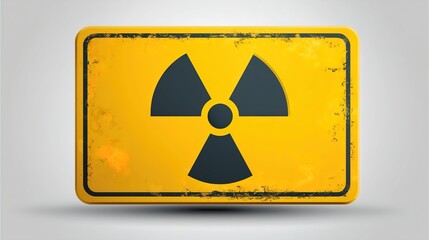 Grungy yellow radiation warning sign with black nuclear symbol on gray background