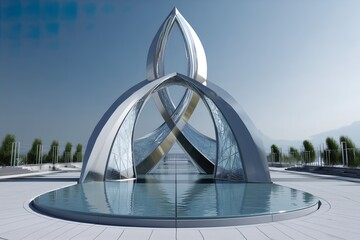 Futuristic architectural structure with reflective pool in modern landscape