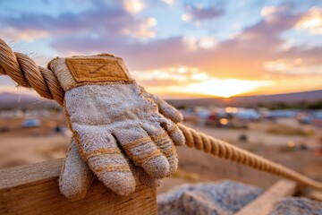 Outdoor Work Glove Resting on a Wooden Fence Post at Sunset, Capturing the Beauty of Dusk with Colorful Sky and Peaceful Environment