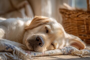 Peaceful Golden Retriever Puppy Sleeping Cozy on a Soft Blanket Near a Sunlit Window with a Basket in the Background Creating a Warm Home Atmosphere