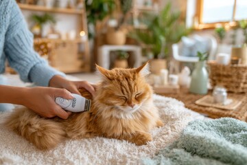 Person Grooming a Fluffy Orange Cat with Pet Clipper in Cozy Home Environment, Featuring Soft Textiles and Green Plants for a Tranquil Atmosphere