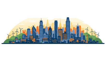 Naklejka premium Sustainable Cityscape with Wind Turbines and Modern Architecture Illustration.