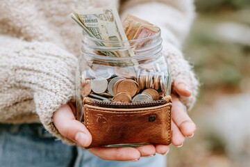 Person Holding a Jar Filled with Coins and Bills Symbolizing Saving Money, Financial Success, and Personal Finance Management in a Natural Setting