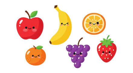 Cartoon fruits collection with smiling faces apple banana orange grapes strawberry