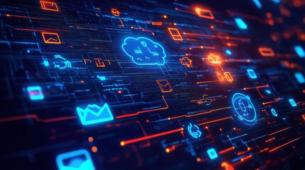 Abstract digital interface with glowing icons and neon lines in a dark blue background design