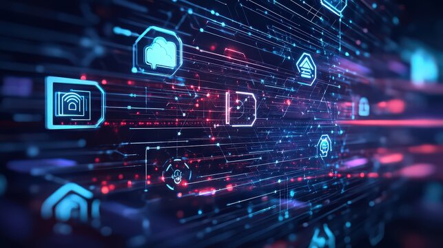 Abstract digital network with glowing icons and lines connecting in a complex system - Powered by Adobe