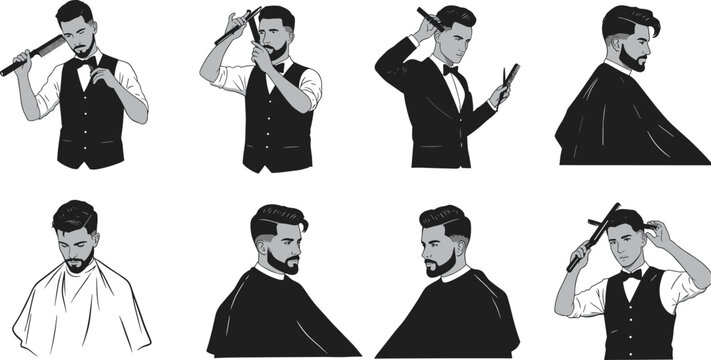 Haircut process illustration, barber tools, male grooming steps, hair styling sequence, scissors and comb, salon service, hairstyle transformation, grooming routine