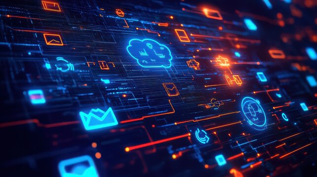 Abstract digital interface with glowing icons and neon lines in a dark blue background design