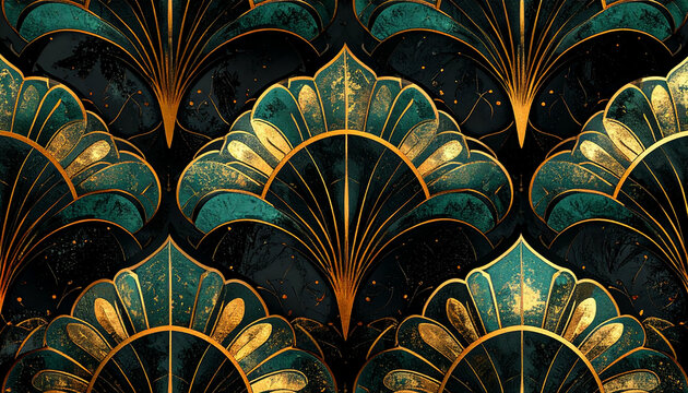 Fototapeta Elegant Art Deco pattern featuring teal and gold fan-shaped designs on a dark background.