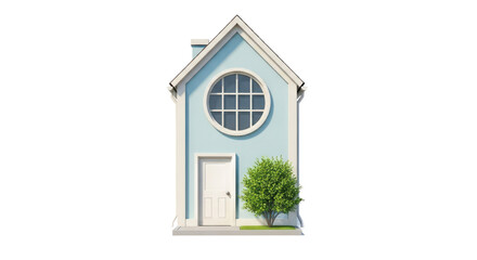 Cartoon house illustration with blue and white colors and a bush