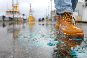 Person Wearing Waterproof Boots Walking Through Rainy Waterfront With Reflections on Wet Ground and Boats in the Background, Creating a Moody Atmosphere