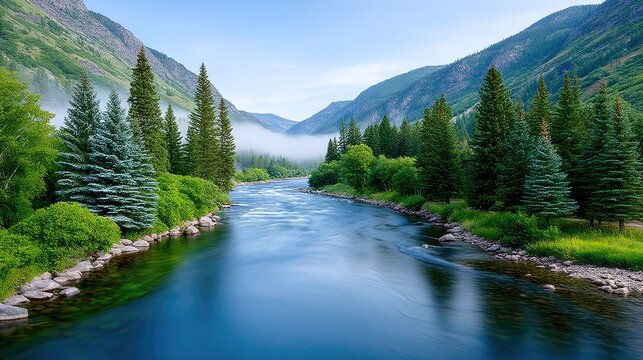 Misty Forest River Landscape With Green Trees And Rocky Mountains Under A Blue Sky With White Clouds - Powered by Adobe