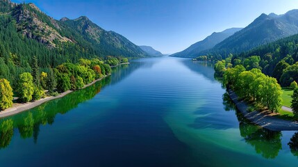Scenic Aerial View of a Serene Mountain Lake Surrounded by Lush Green Forests Under a Clear Blue Sky