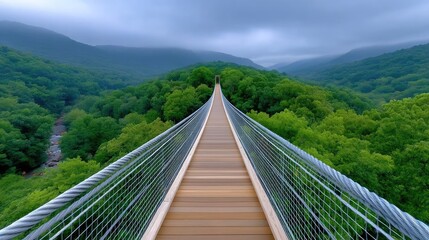 Obraz premium Scenic Narrow Suspension Bridge Amidst Lush Green Forested Mountains Under a Moody Cloudy Sky with a Winding River Below