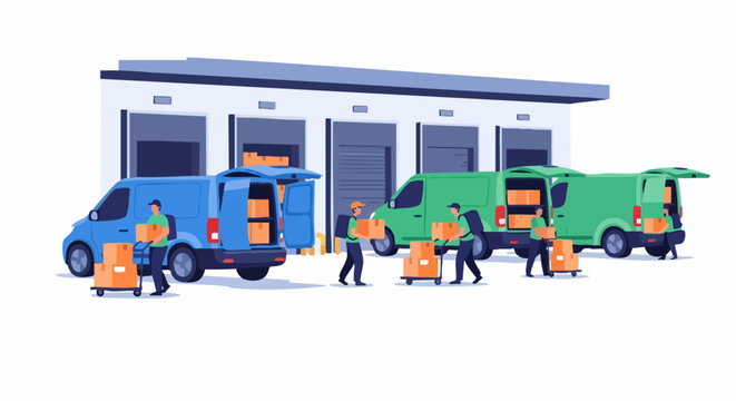 Delivery trucks and workers loading boxes at warehouse.