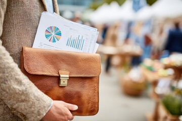 Professional holding leather briefcase with documents and graphs outdoors in a busy market or fair setting, emphasizing business and collaboration in the community