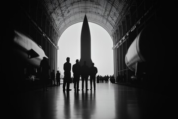 Silhouettes of adult males in rocket hangar displaying space exploration