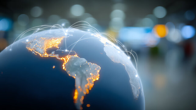 A detailed view of a glowing Earth showcasing connections across continents, emphasizing global connectivity in a digital age.