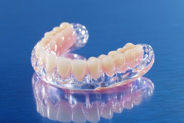 Realistic dental prosthesis with detailed craftsmanship displayed on a reflective surface, showcasing only the highest quality materials and artistry in orthodontic solutions.