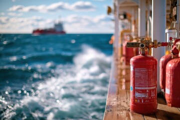 Red fire extinguishers lined up on a ship deck with a blurry vessel in the background, surrounded by waves and a blue sky, conveying safety at sea and maritime operations.