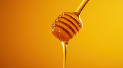 A close up shot of a honey dipper with honey dripping down on a yellow gradient background