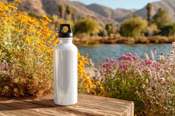 Refreshing Steel Water Bottle on Wooden Table Surrounded by Vibrant Wildflowers and Scenic Mountain View, Perfect for Outdoor Activities and Hydration