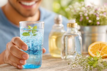 Refreshing summer beverage with fizz and mint served in a clear glass, surrounded by natural greenery and a hint of citrus, perfect for hydration and enjoyment