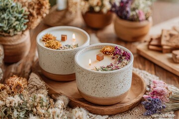 Relaxing and Aromatic Handmade Candles with Dried Flowers on a Rustic Wooden Table Surrounded by Natural Elements and Soft Textures for Cozy Ambiance
