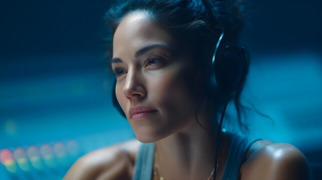 Focused female musician listening to music in recording studio