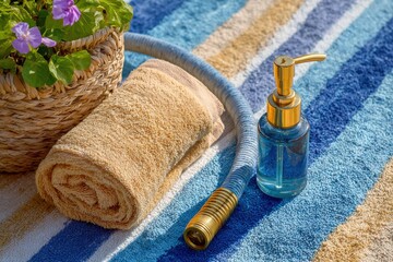 Relaxing Spa Setup with Towel, Pump Bottle, Hose, and Beautiful Plant Arranged on a Cozy Striped Towel for a Refreshing Home Retreat Experience