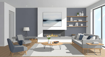 Modern living room with fireplace, gray sofas, armchair, coffee table, and artwork on the wall, natural light from window