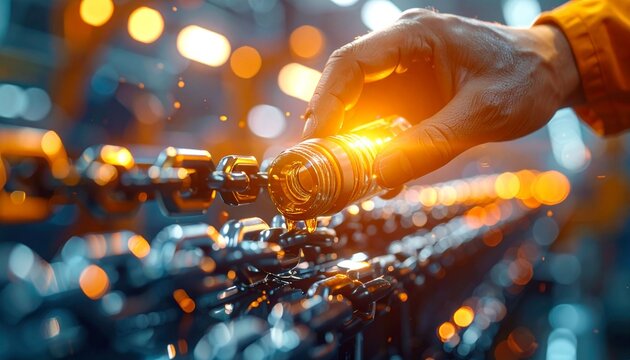 dripping oil onto another metal chain in a dark industrial setting. Dramatic light highlights the golden liquid and the details of the chain, creating a powerful composition that symbolizes care, tecd