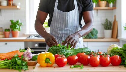 A person prepares fresh vegetables on a kitchen counter, ready to cook a meal.