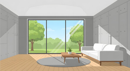 Modern living room with large window overlooking a lush green garden on a sunny day