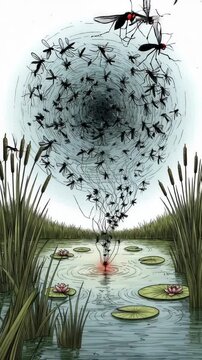 Life cycle illustration of mosquitos emerging from a pond environment with cattail and lily pads Vertical video